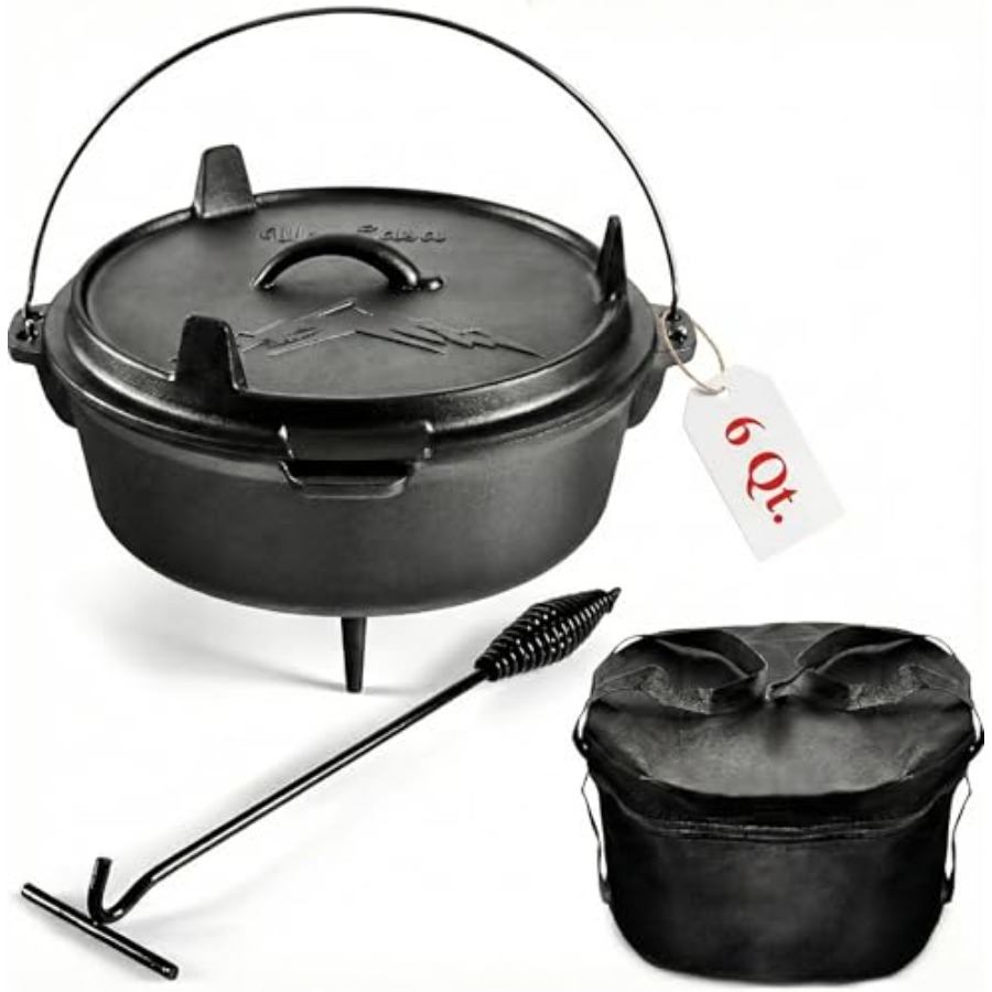 Camp Dutch Oven Cast - 6Qt Cast Iron Camping Dutch Oven